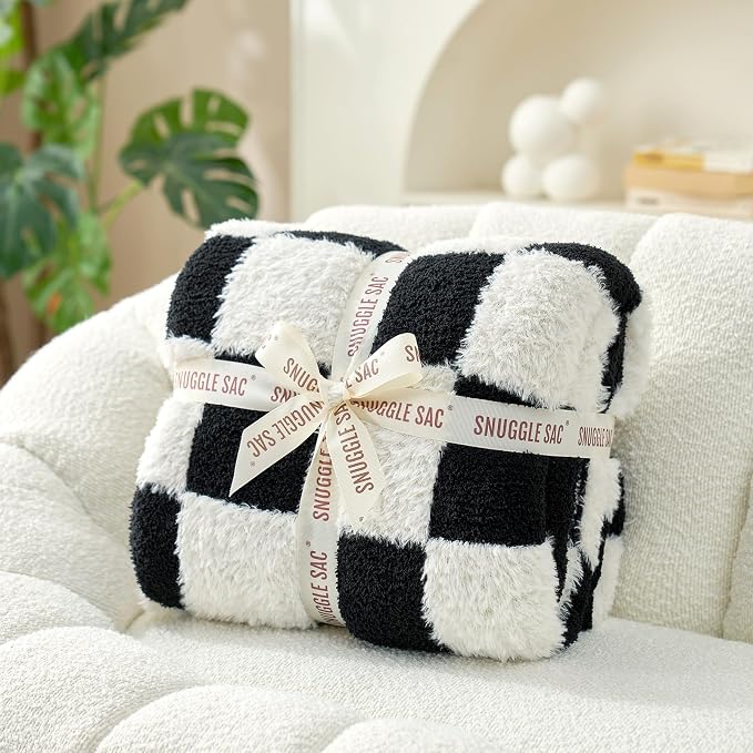 Snuggle Sac Faux Fur Throw Blanket for Couch,Black Checker Blanket, Cozy Soft Warm Blankets for Sofa, Bedroom, Living Room, Black Checker,50x60 inches