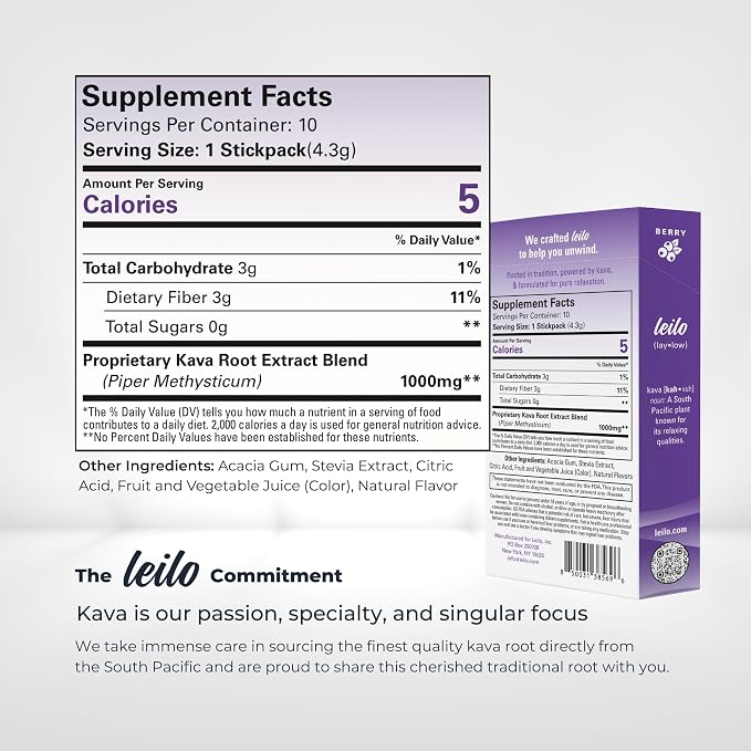 Leilo | Calming Kava Drink Mix | Berry, 10 Stick Packs (Plant-Based Relaxation Powder, Non-Alcoholic, Sugar-Free Herbal Supplement)