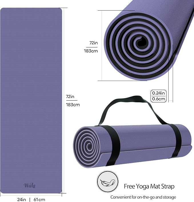 Non-slip TPE Yoga Mat for Women & Men,72"x24" Double-Sided Workout Mat for Home Gym Pilates Fitness,1/4 Inch Packable Lightweight Exercise Mat with Strap for Travel,Non Toxic Exercise Floor Mat