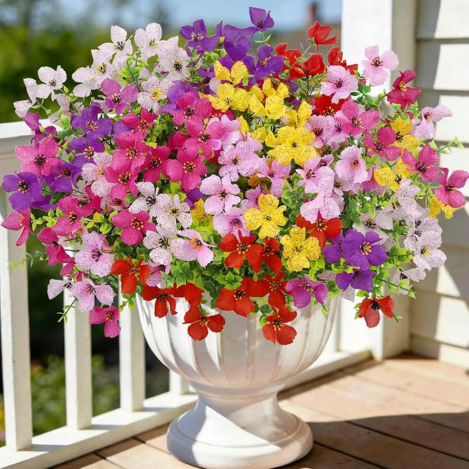 Ouddy Decor 16 Pcs Multicolor Artificial Flowers for Outdoors Decorations | Realistic, silk flowers, faux plastic plants, UV resistant, for summer garden porch window vase indoor outdoor home decor
