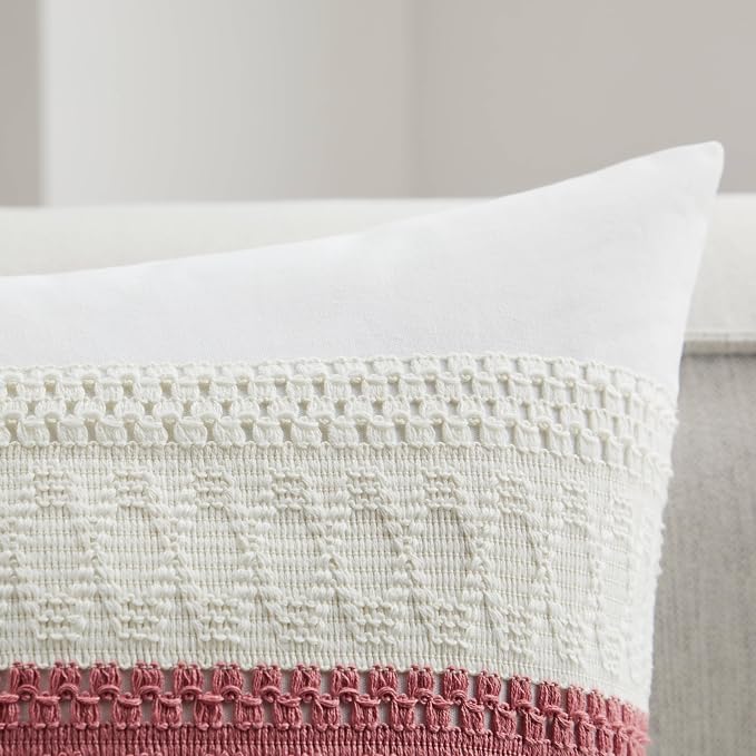 2pk Boho Pillow Covers 22x22, Natural White/Contrast/Dusty Pink | 100% Organic Cotton Body, Stripe Embroidery, Farmhouse Decorative Cushion Covers for Sofa Bed Living Room Home Decor