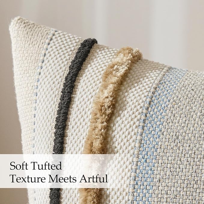 ANRODUO Boho Decorative Pillow Covers 18x18 Light Blue Stripe Pack of 2 | Euro Throw Pillow Covers, Farmhouse Cushion Case, Chenille Pillow Cases, Pillow Covers, Neutral Pillowcase for Sofa Couch Bed