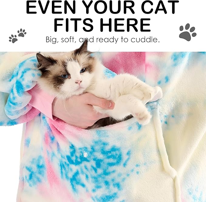 Krifey Wearable Blanket Hoodie, Oversized Sherpa Fleece Sweatshirt with Giant Pocket, Birthday Gifts for Women, Mom, Sister, Pink Tie Dye