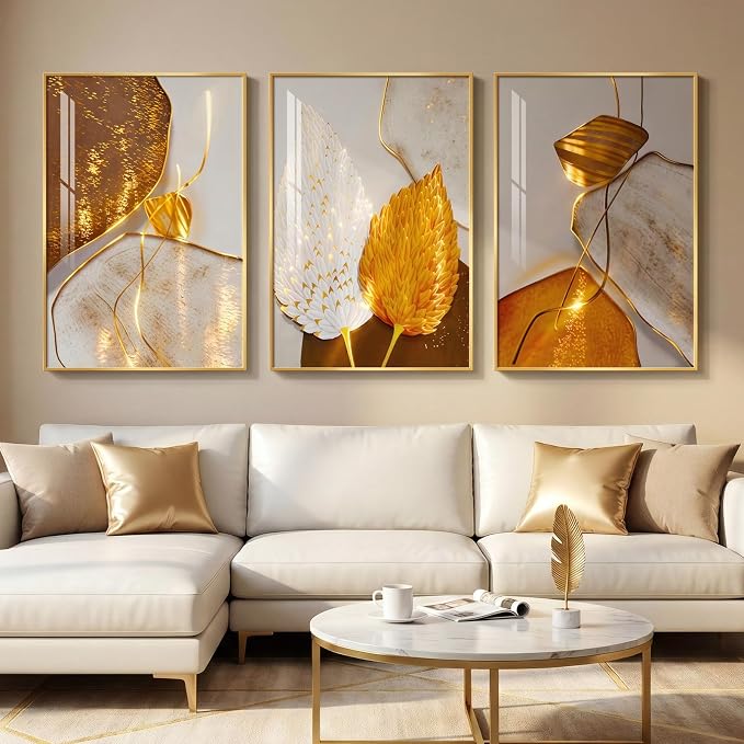 Framed Modern Luxury Wall Art for Living Room, Large White and Gold Leaf Artwork for Bedroom Walls, 3 Piece Contemporary Bright Style Abstract Prints for Office Hallway Hallway Wall Decor, 24x36 Inch