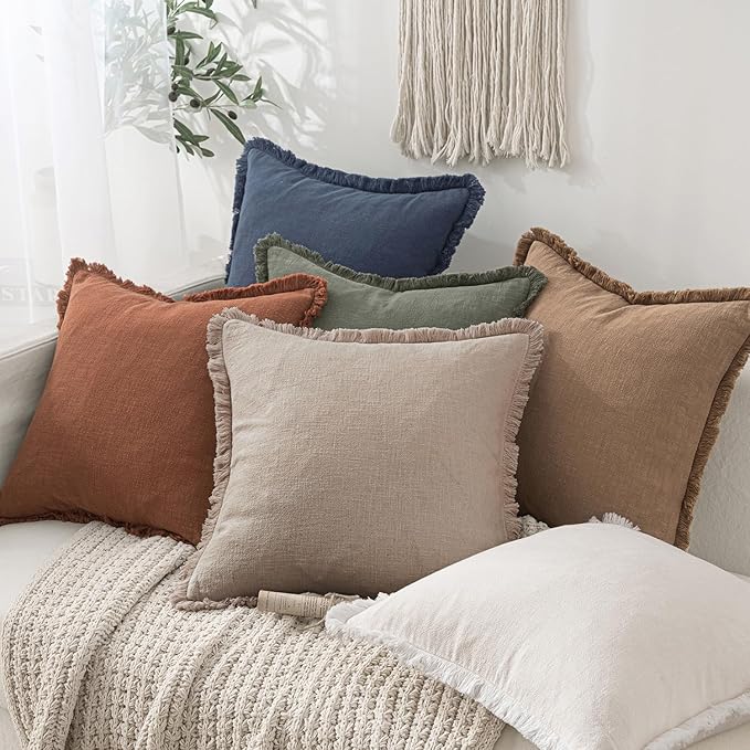 MIULEE Boho Natural Linen Fringe Decorative Euro Throw Pillow Covers 26x26 | Set of 2, Cottagecore Decor, Boho Farmhouse Neutral Pillow Covers, Rustic Couch Cushion Cases for Sofa Bed Living Room
