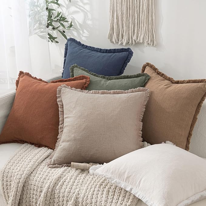 MIULEE Boho Natural Linen Fringe Decorative Euro Throw Pillow Covers 28x28 | Set of 2, Cottagecore Decor, Boho Farmhouse Neutral Pillow Covers, Rustic Couch Cushion Cases for Sofa Bed Living Room