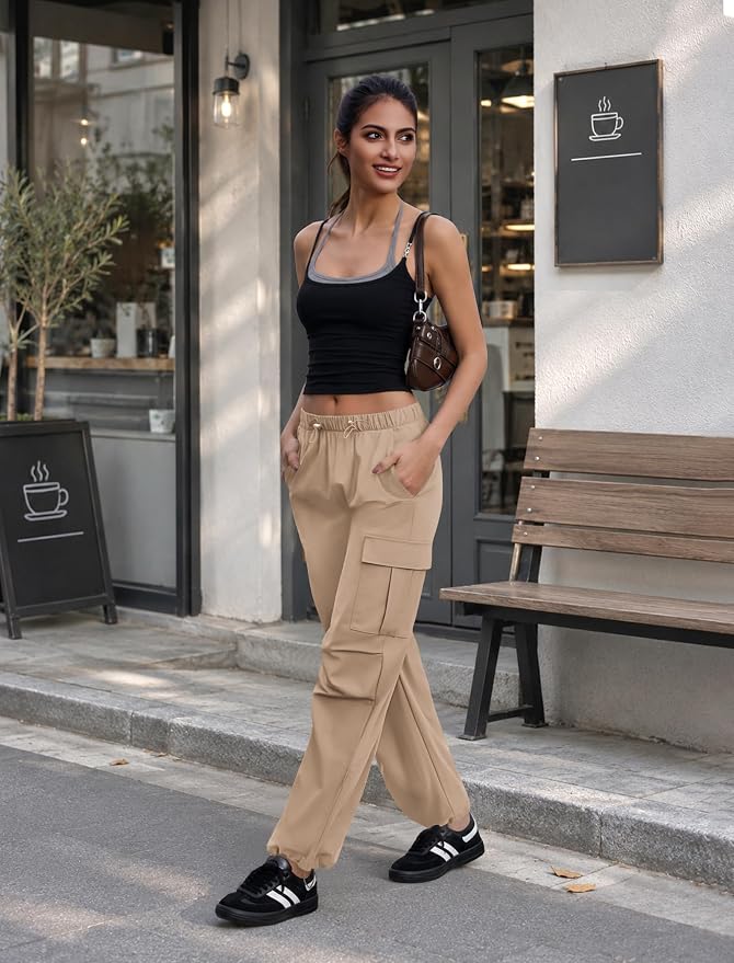 COPYLEAF Cargo Pants Women Elastic Waisted Parachute Hiking Pants with Pockets Water-Resistant Lightweight Baggy Pants