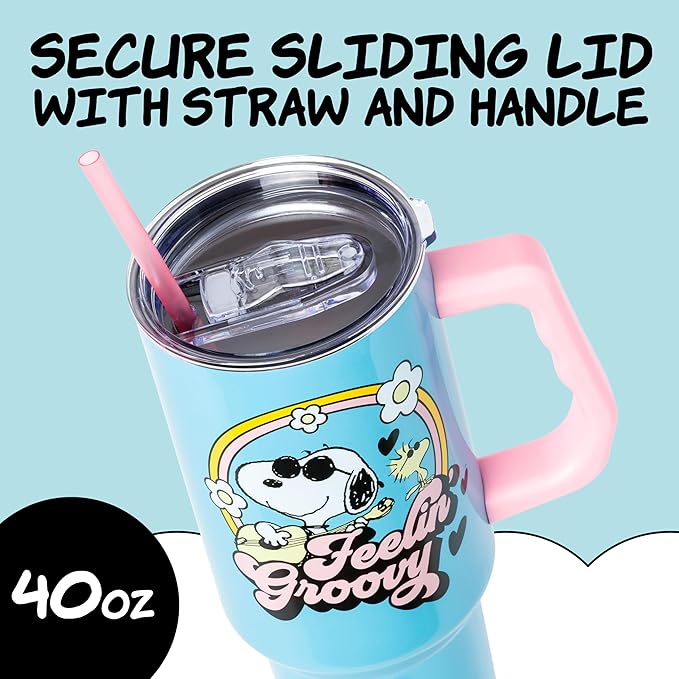 Silver Buffalo Peanuts Featuring Snoopy and Woodstock Feelin' Groovy Double Walled Stainless Steel Tumbler with Handle and Straw, Fits in Standard Cup Holder, 40 Ounces