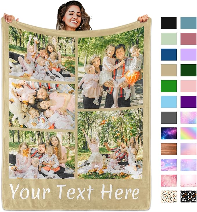 Custom Blanket with Picture Text, Personalized 5 Photo Blanket, HD Printing Customized Flannel Throw Blanket Gifts for Mom Dad Couple Girlfriend Boyfriend Wife Husband Christmas