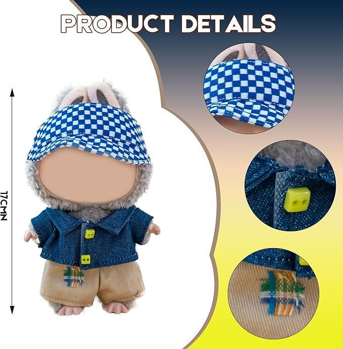Clothes for Labubu Doll,6.7 Inch Doll Clothing Set - 3 Pieces of Handmade Clothes and Accessories for 17cm Plush Toys - Blue Shirt + Khaki Shorts + Blue and White Checkered Baseball Cap