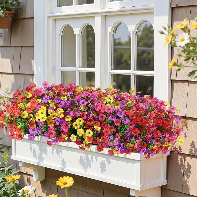 Alupssuc 48 Bundles Artificial Flowers for Outdoors Decoration, UV Resistant Silk Faux Daisy Spring Fake Plastic Plants Greenery for Outside Indoor Yard Home Porch Window Box Decor(Upgrade 4 Colors)