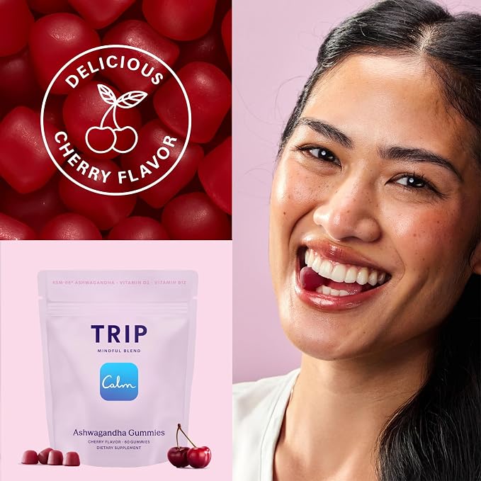 Trip Ashwagandha Gummies with Vitamin D12, B Vitamins, 3000mg Ashwagandha KSM 66 Per Serving, Vegan, Naturally Flavored On The Go Chewable Gummy, Juicy Cherry Flavor, 1 Bag, 60 Count