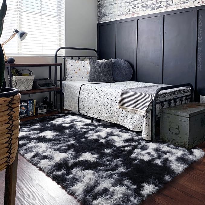 PAGISOFE Black White Rugs for Living Room 6x9, Shag Fuzzy Fluffy Rugs for Bedroom Kids Room Playroom Dorm Shaggy Soft Carpet for Home Decor Aesthetic Plush Bedside Rug Modern Grey Rug