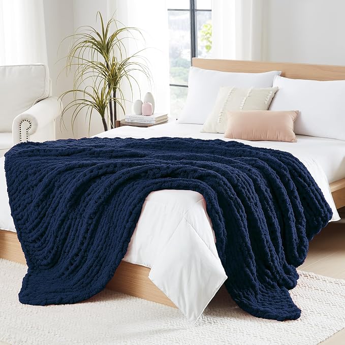 L'AGRATY Chunky Knit Throw Blanket for Couch, 80 x 90 Inches, Dark Blue | Handmade Chenille Crochet Blanket for Sofa Bed, Thick Cable Knitted Blankets for Room Home Decor, Birthday Gift for Women Mom