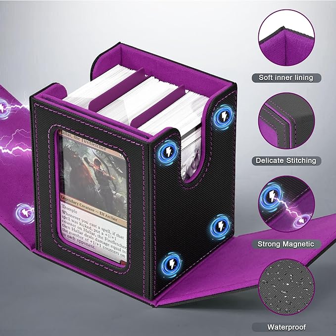 ZLCA MTG Deck Box with Commander Window Display, Trading Card Storage Box Holds 100 Double-Sleeved Cards Suitable for TCG/CCG/PTCG/EDH/Magic/Sport Cards (Black&Purple)