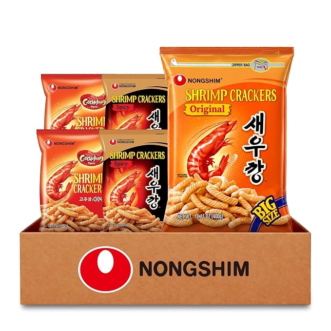 Nongshim Shrimp Chips 3-Flavor, Crispy Korean Snack Variety, 5 Count