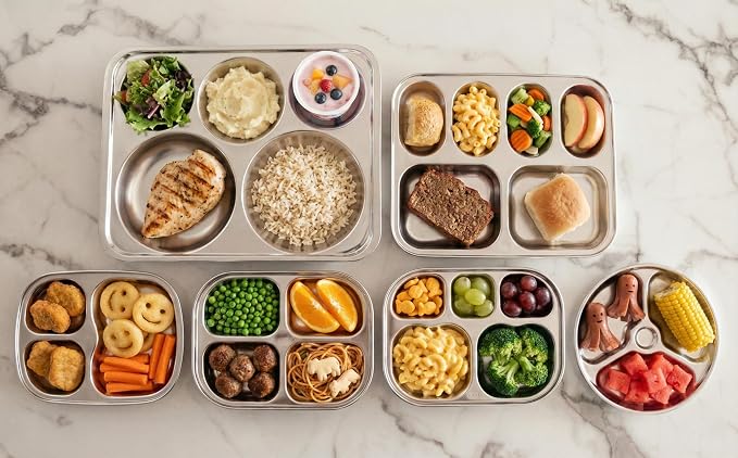 Korean Stainless Steel Divided Plates for Toddlers, Kids, Babies, Premium 304, Electro-Polished, No Black Residue, BPA-Free, 3-Compartment Plate, Food Tray for Camping, Balanced Meals, Set of 2
