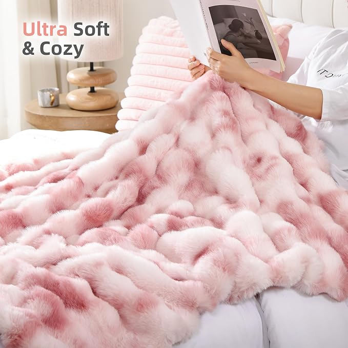 Faux Fur Throw for Couch - Tie-dye Pink Bubble Blanket 60"x80" | Fluffy Plush Fuzzy Throw for Sofa & Bed, Super Soft Cozy Comfrt Blanket, Luxury Aesthetic Pink Decor Gift for Women