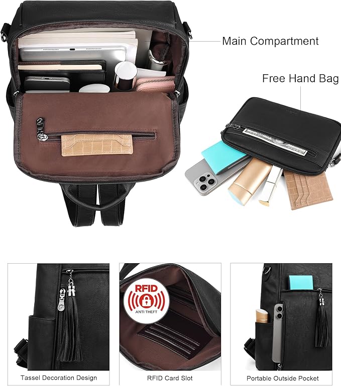 FADEON Leather Backpack Purse for Women Designer Travel Backpack Purses PU Fashion Ladies Shoulder Bag with Tassel