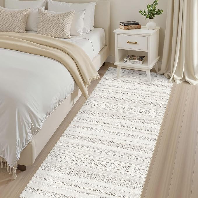 cotiled Hallway 2.6x10 Runner Rugs: Washable Boho Rugs with Non Slip Backing Large Soft Indoor Stain Resistant Carpet for Living Room Bedroom Farmhouse Dining Room Lightweight Home Decor L Brown/Cream