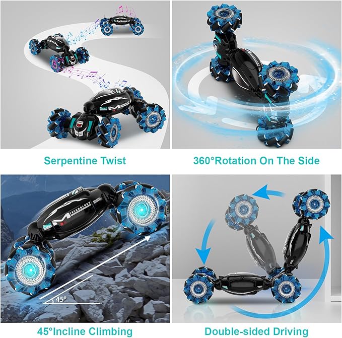 RC Cars, Gesture Sensing Stunt Car Toys for Boys Girls 6-12 Year Old, 2.4Ghz 4WD Hand Remote Control Toy 360° Rotate Transform Off-Road Drift with Lights Music, Birthday Xmas Gifts for Kids