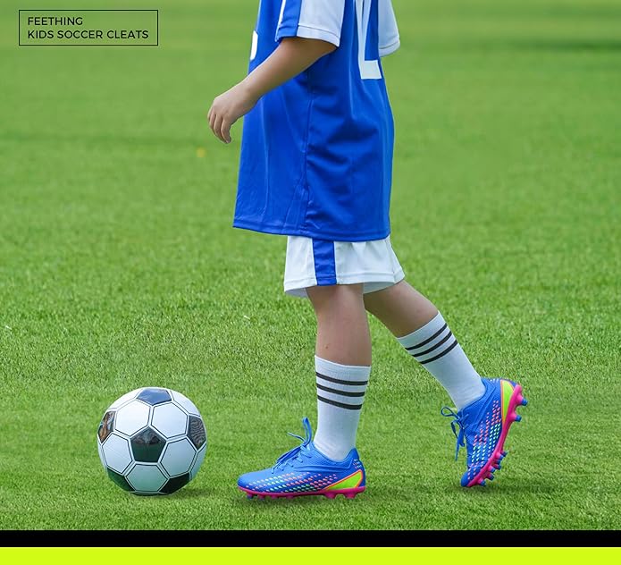 Kids Soccer Cleats for Boys and Girls - Lightweight Firm Ground Football Shoes with Plastic Studs for Natural Grass Play