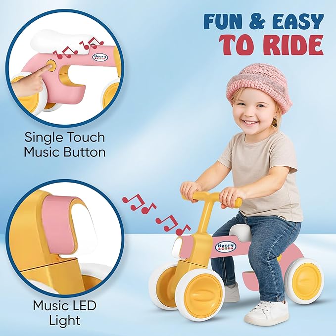 Henry & Colin Toddler Balance Bike for 1 to 3 Year Old Girls, 4 Wheel First Bike, Toddler Walker Riding Toy with Colorful Light and Music, First Birthday Gifts (Classic Pink)