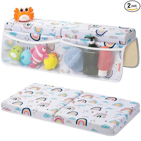Bath Kneeler and Elbow Rest Pad Set - Comfortable 1.5” Thick Baby Bath Kneeler Pads with Toys Organizer, Non-Slip Knee Arm Support Bathtub Mat, Quick-Drying Kneeling Pad for Baby Bath Time