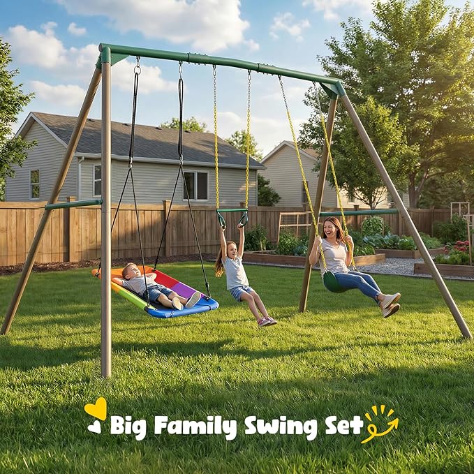 Hapfan 9.5' Tall Swing Sets for Backyard with Platform Swing, Heavy Duty Metal Swingset Outdoor for Kids with Trapeze Bar (Green and Brown)