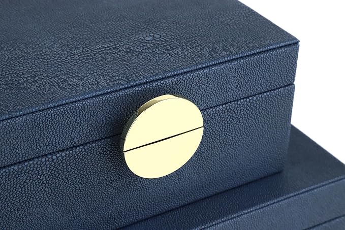 HofferRuffer Faux Leather Jewelry Boxes, Decorative Boxes Storage Accessory Organizer with Gold Hardware Decor, Classic Vegan Leather Set of 2 Pieces (Navy Blue)