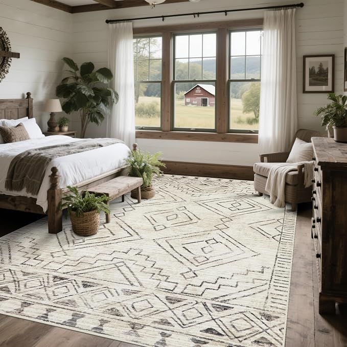 Srugn Washable Rugs 8x10 Area Rugs for Living Room,Bedroom,Dining Room- Large Ultra Soft Faux Wool Retro Carpet,Non Slip&Non-Shedding Low Pile Morocco Rug for Farmhouse Home Office Dorm(Beige-Brown)