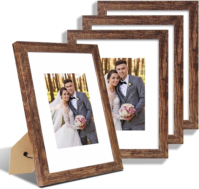 Hongkee 9x12 Picture Frame Set of 4, Made of Glass and Rustic Brown Wooden Frame - Display Picture 6x8 with Mat or 9 x 12 Without Mat, 9 by 12 Photo for Wall or Tabletop