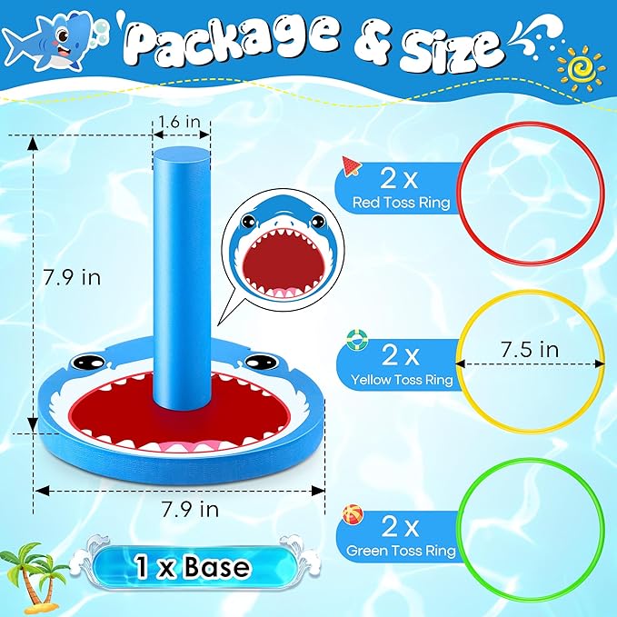 Hiboom Pool Ring Toss Games Toys, Swimming Pool Games for Adults and Family with 6 Pcs Throwing Rings, Water Foam Toss Float Toys for Summer Outdoor, Beach, Yard, Party(Shark)