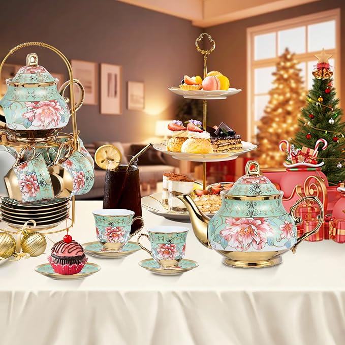 20 Pcs Porcelain Tea Set with Metal Holder, Adult Tea Set Gift, European Ceramic Tea Set for Adults, Enamel Flower Tea Cup Saucer Set for Party With Gold Flower Painting (Fresh Green)