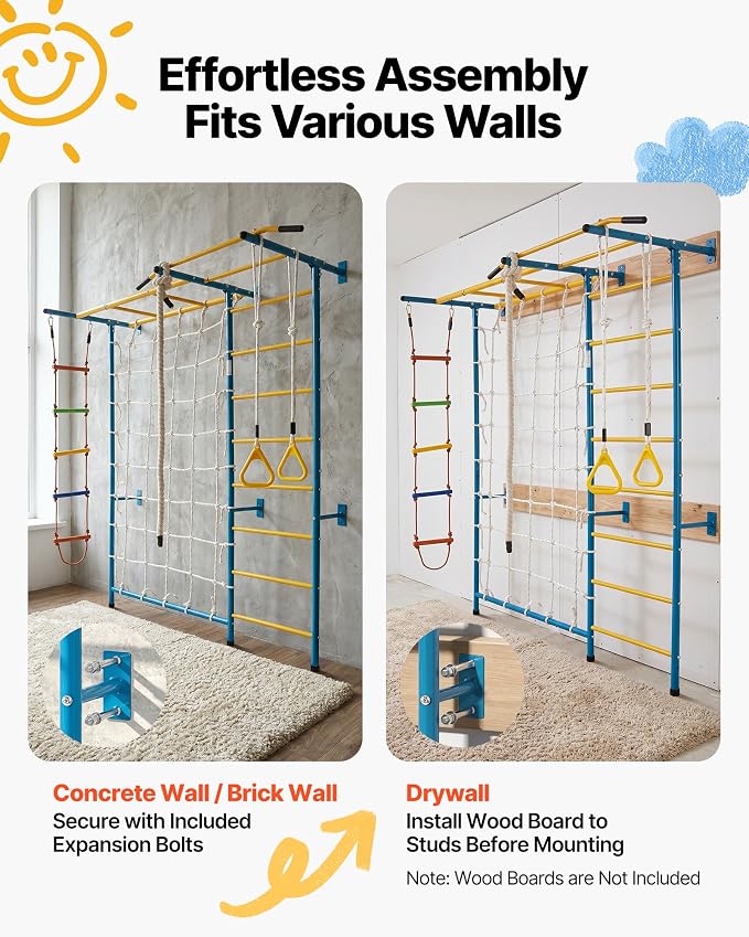 VEVOR Indoor Jungle Gym for Toddlers, 7-in-1 Climbing Playset with Carbon Steel Swedish Ladder, Wall Ladder, Pull-Up Bar, Rope Ladder, and Gymnastic Rings, Supports 220 lbs, Multicolor