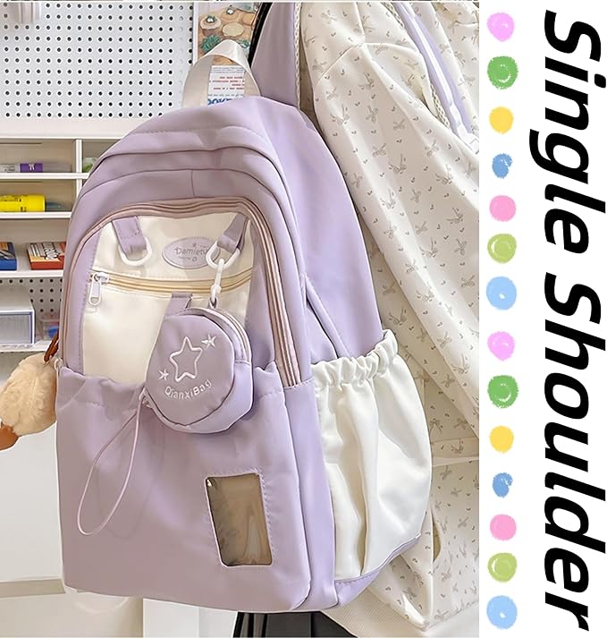 Kawaii Backpack Double Shoulder Bag with Cute Star Removable Pouch Small Clear Front Pocket Large Capacity Fits 16" Laptop Dopamine Colors Daypack (Purple)