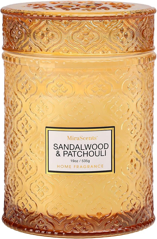 Sandalwood & Patchouli Candle, Luxury Decorative Glass Candle 19oz, Soy Wax Scented Gift for Women, Elegant Home Fragrance