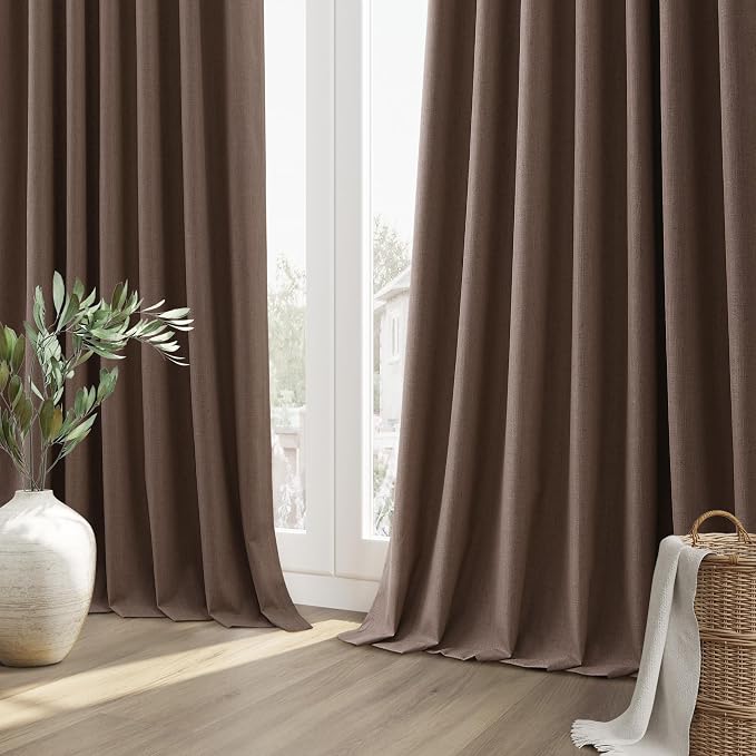Guken Mocha Mousse 100% Blackout Linen Curtains 90 Inch Length 2 Panels Set for Living Room Bedroom Back Tab/Rod Pocket Thermal Insulated Farmhouse Black Out Drapes Room Darkening,52x90