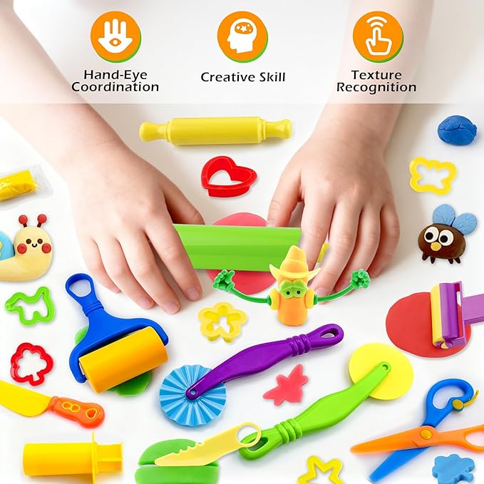 iShyan Dough Tools Play Set for Kids,30 pcs Basic Dough Play Toys with Animal Cutters, Roller, Rolling Pins, Safety Scissors, Plastic Knife,Character Accessories