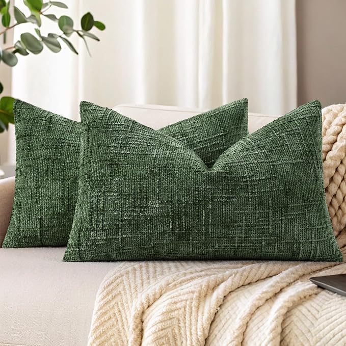 decorUhome Textured Chenille Throw Pillow Covers 12x20 Set of 2 Emerald | Fall Modern Farmhouse Soft Cozy Slubby Couch Pillow Cases Boho Decorative Pillow Cases for Bed Sofa Living Room Home Decor