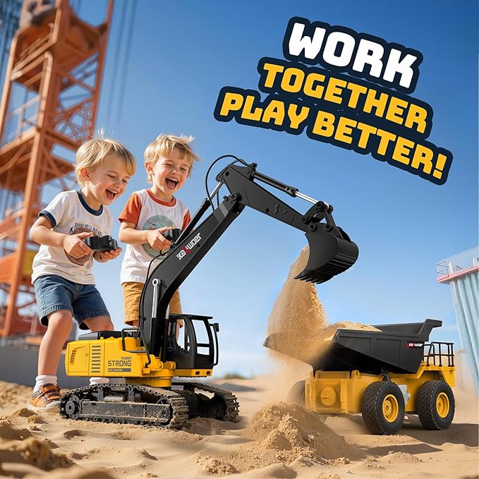 Ruko 1562 RC Excavator and Dump Truck Toy Set, 2.4GHz 9CH Remote Control Construction Vehicles with Lights & Sounds, Metal Bucket, 680° Rotation, Realistic 1:24 Scale Trucks for Kids