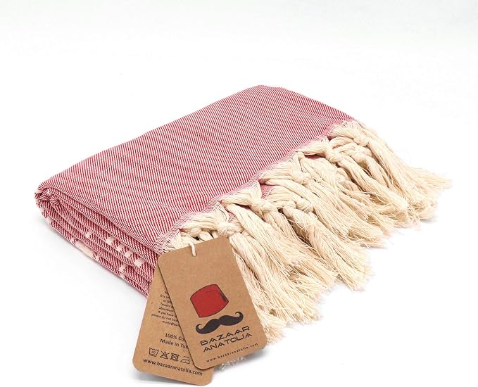 Bazaar Anatolia Turkish Beach Towel – 100% Cotton, Quick Dry, Sand Free Towel for Bathroom, Travel, Camping – Oversized 71x39 Inches – Stripe Red