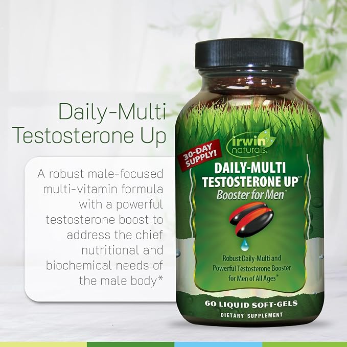 Irwin Naturals Daily-Multi Testosterone UP Booster for Men | Daily Multivitamin + Test Support* | KSM-66 Ashwagandha | Men's Wellness | 60 Liquid Soft-Gels