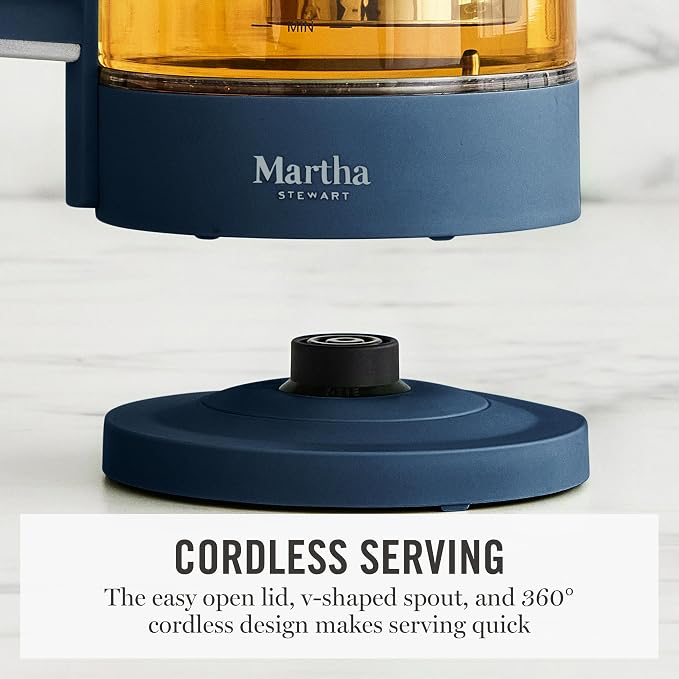 Martha Stewart Electric Kettle with Removable Stainless Steel Tea Infuser, Glass Carafe 1.7L (7 Cups), Hot Water Boiler, 4 Presets,  Keep Warm & Auto Shut-Off, Cordless 360° Swivel Base, Indigo Blue