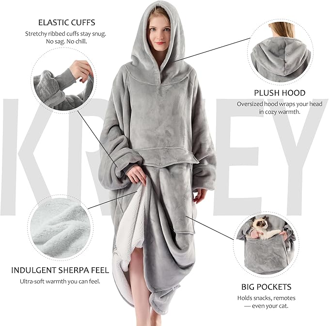 Krifey Big & Tall Wearable Blanket Hoodie with Cat Pocket, Extra Long Oversized Fleece Blanket for Adults, Cozy Birthday Gifts, Christmas Gifts