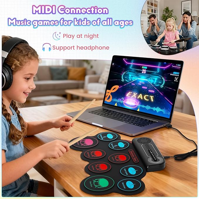 Electronic Drum Set, 9-Pad Kids Electric Drum Set Dual Stereo Speaker, MIDI. Portable Roll Up Drums Practice Pad for Kids, Perfect Birthday&Christmas Gift for Boys&Girls