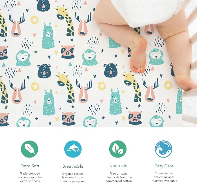 100% Organic Cotton Fitted Travel Crib Sheets, Perfectly Compatible with Guava Lotus, BabyBjorn, Dream On Me and All mattresses 22-26" Wide by 40-44" Long. Strap Holes in Corners. 2 Pk