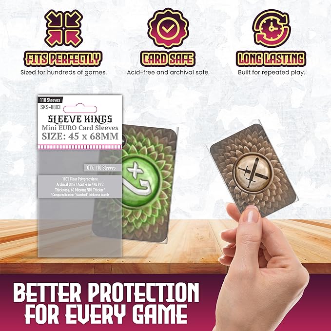 Sleeve Kings Mini Euro Card Sleeves 45 x 68 mm – 110 Pack, Extra Clear 60 Micron Polypropylene, Acid-Free, PVC-Free – SKS-8803