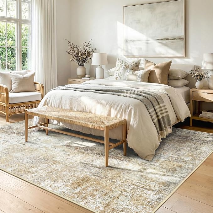 RELEANY Washable 9'x12' Abstract Area Rug for Living Room Neutral Brown | carpet for bedroom, kitchen, office, hallway and entryway, printed pattern, non-slip, soft, stain-resistant, easy to clean