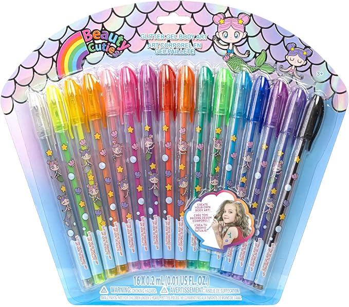 Townley Girl Mermaid 16 Piece Glitter Pen Body Art Set, Glittery and Bright Colors, Ages 3+